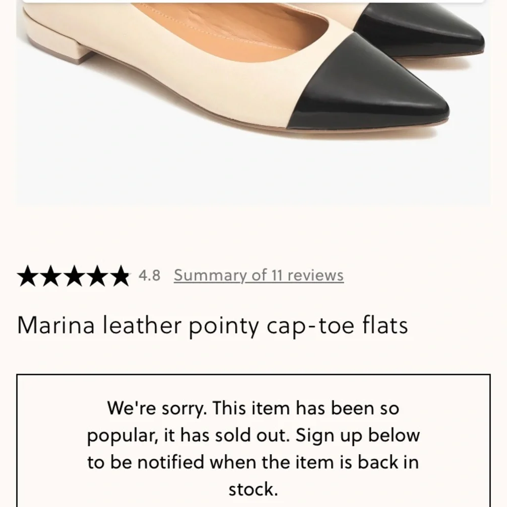 New: J Crew Marina leather pointy cap-toe flats. Size 9.5